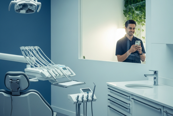 -        in the  A modern dental clinic with a smiling influencer in the background holding a phone