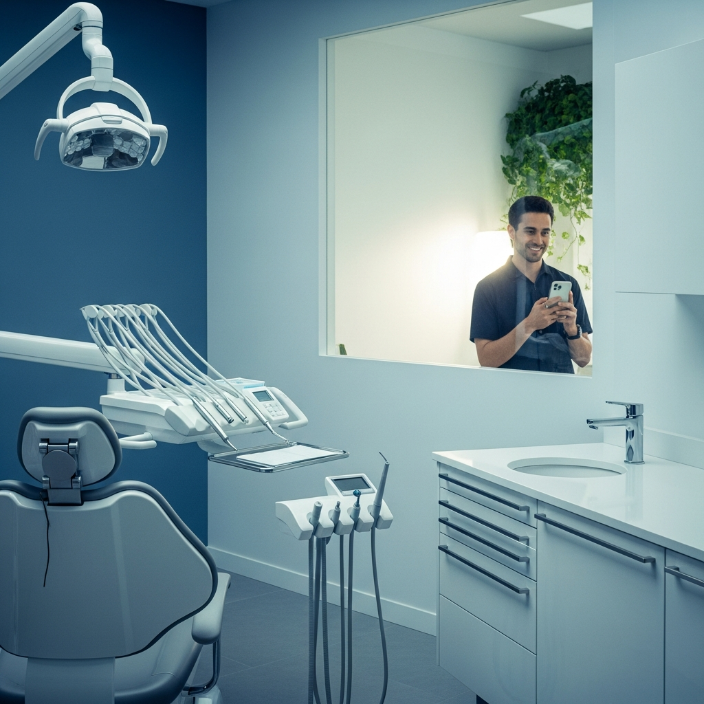 - Em uma clínica odontológica moderna, com uma influenciadora sorridente ao fundo segurando um telefone.