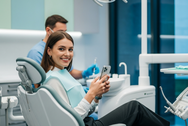 - in the Create a of a modern dental clinic with an influencer a young woman sitting in a den